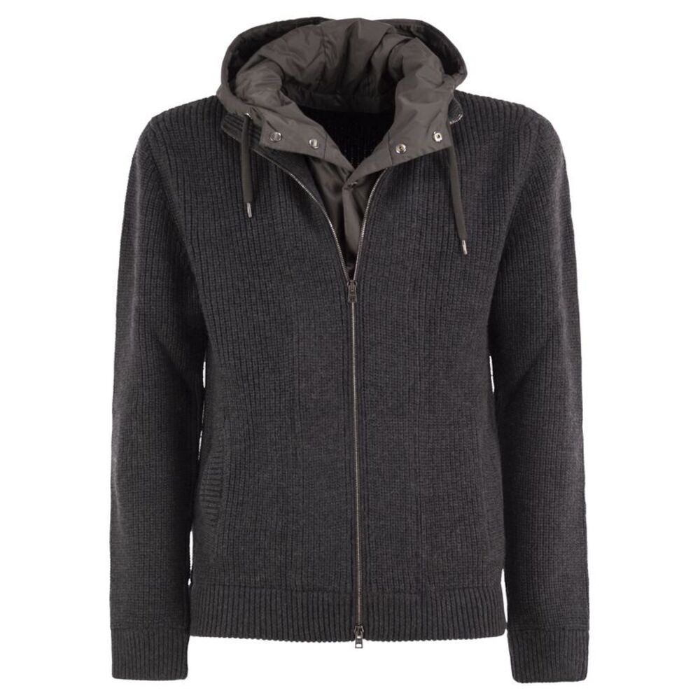 Herno Men Rib-Knit Cardigan With Removable Bib And Hood